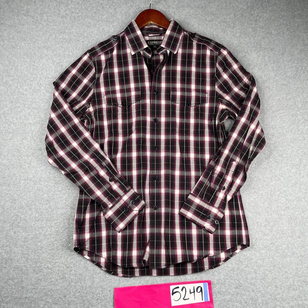 Express Shirt Small Pink Plaid Plaid Casual Pockets Button Up Long Sleeve Mens